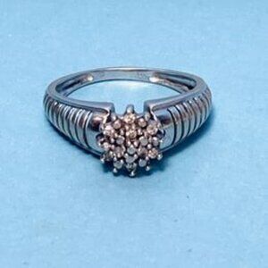 Sterling Silver Diamond Cluster Ring, size 7.75